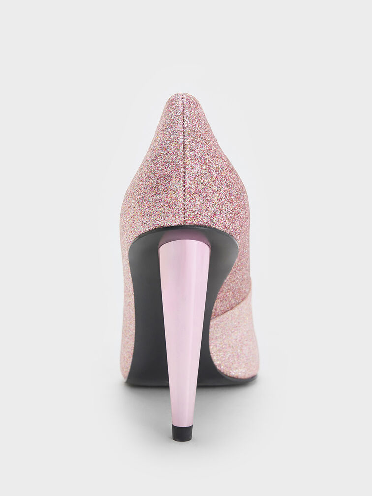 Glittered Cone-Heel Pointed-Toe Pumps, Pink, hi-res