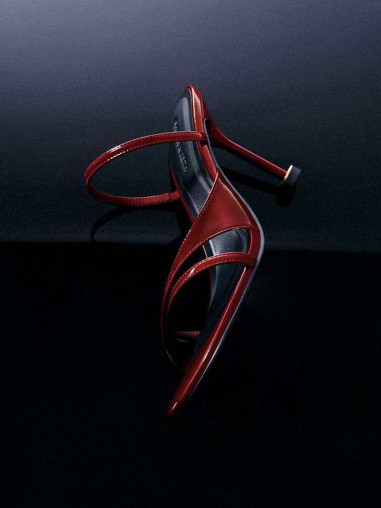 Patent Crossover Sculptural-Heel Strappy Mules, Red, hi-res