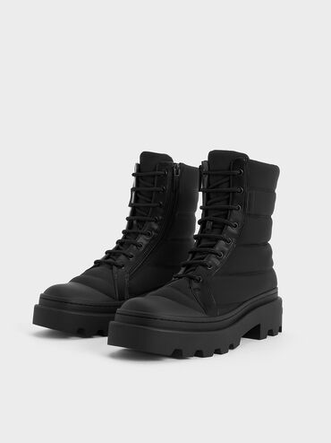 Nylon Puffy Ridged-Sole Boots, Black Textured, hi-res
