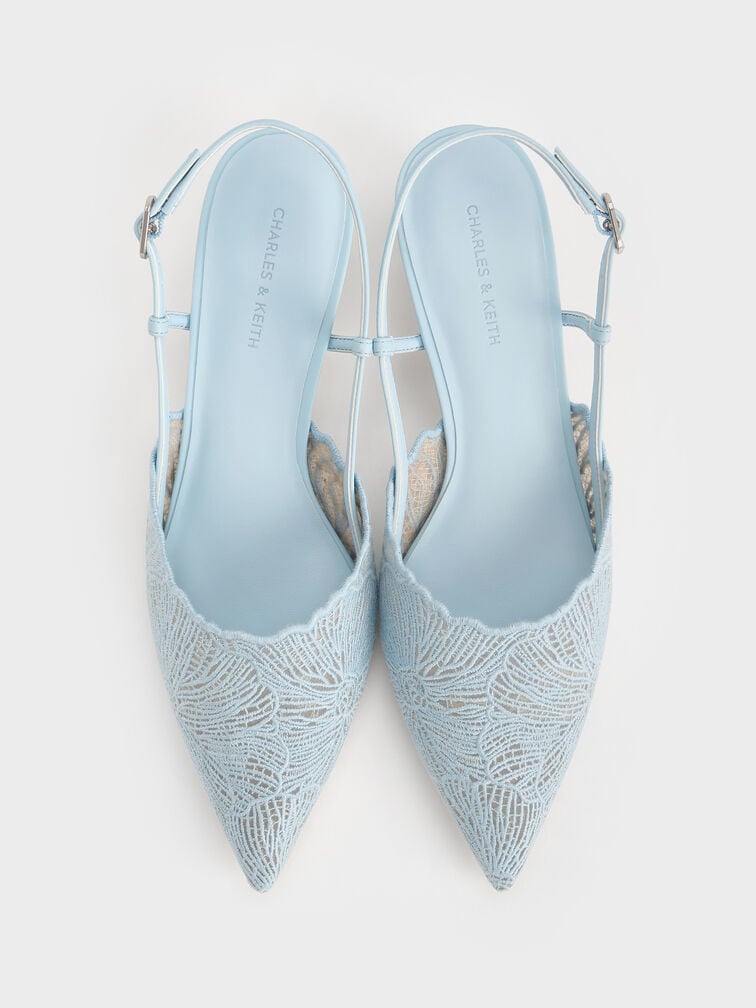 Crochet Floral Pointed-Toe Slingback Pumps, Blue, hi-res