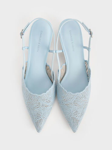 Crochet Floral Pointed-Toe Slingback Pumps, Blue, hi-res
