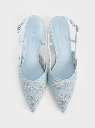 Crochet Floral Pointed-Toe Slingback Pumps, Blue, hi-res