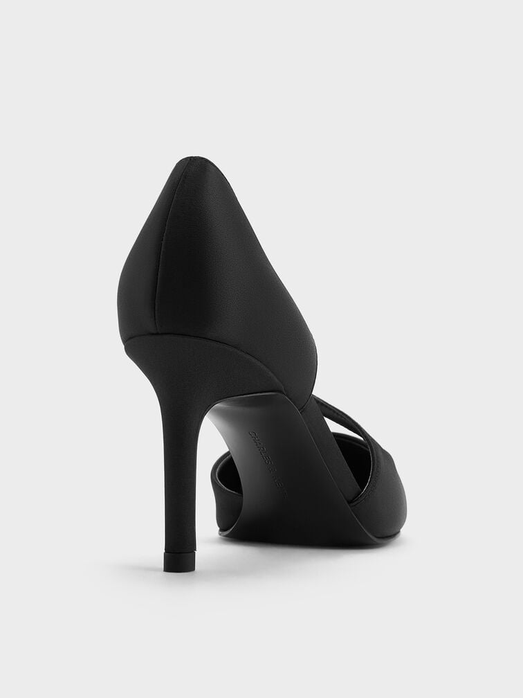 Satin Asymmetric-Strap D’Orsay Stiletto Pumps, Black Textured, hi-res