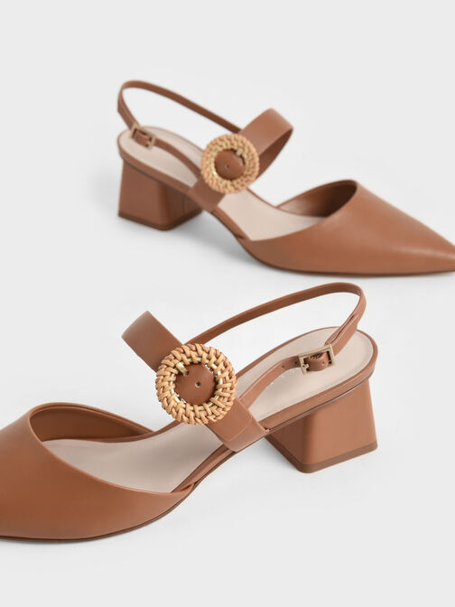 Woven Buckle Slingback Heeled Pumps, Caramel, hi-res