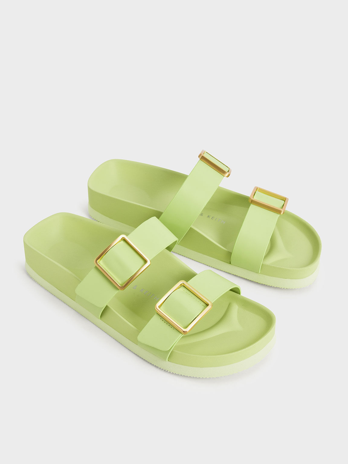 Metallic Buckle Slide Sandals, Light Green, hi-res