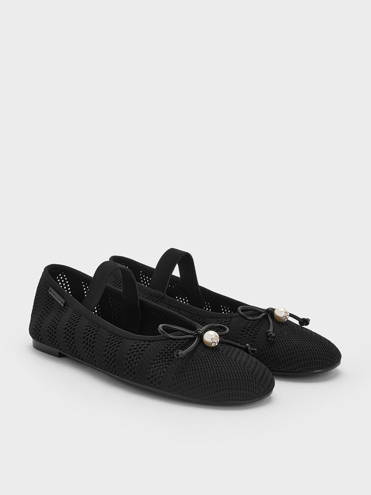 Knitted Pearl-Accent Bow Ballet Flats, Black Textured, hi-res