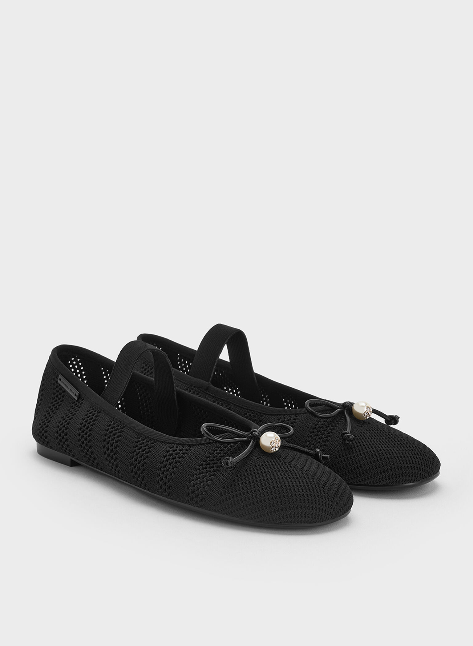 Knitted Pearl-Accent Bow Ballet Flats, Black Textured, hi-res