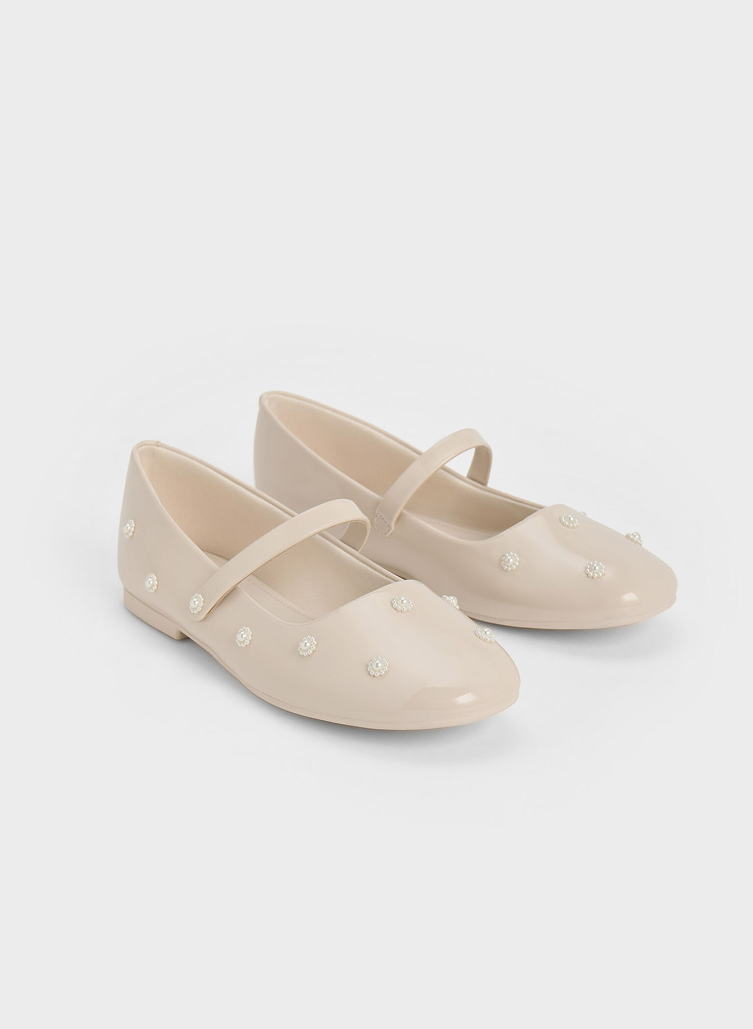 Girls' Patent Flower-Beaded Mary Janes, Cream, hi-res