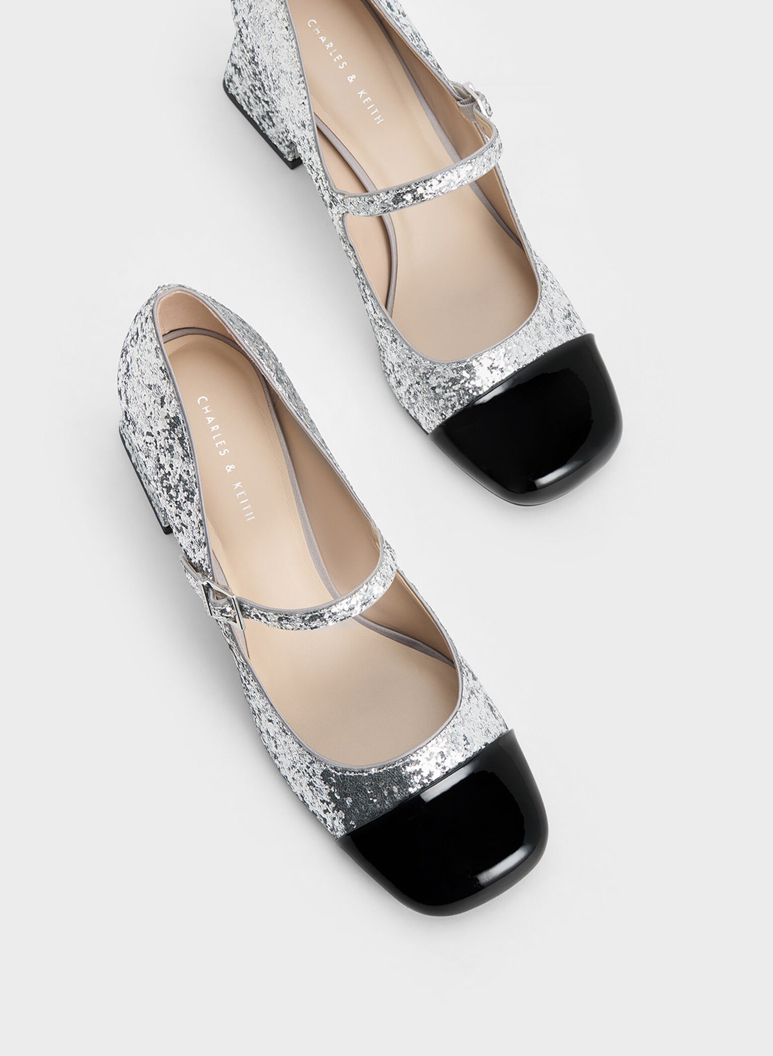 Patent Glittered Trapeze-Heel Mary Janes, Silver, hi-res