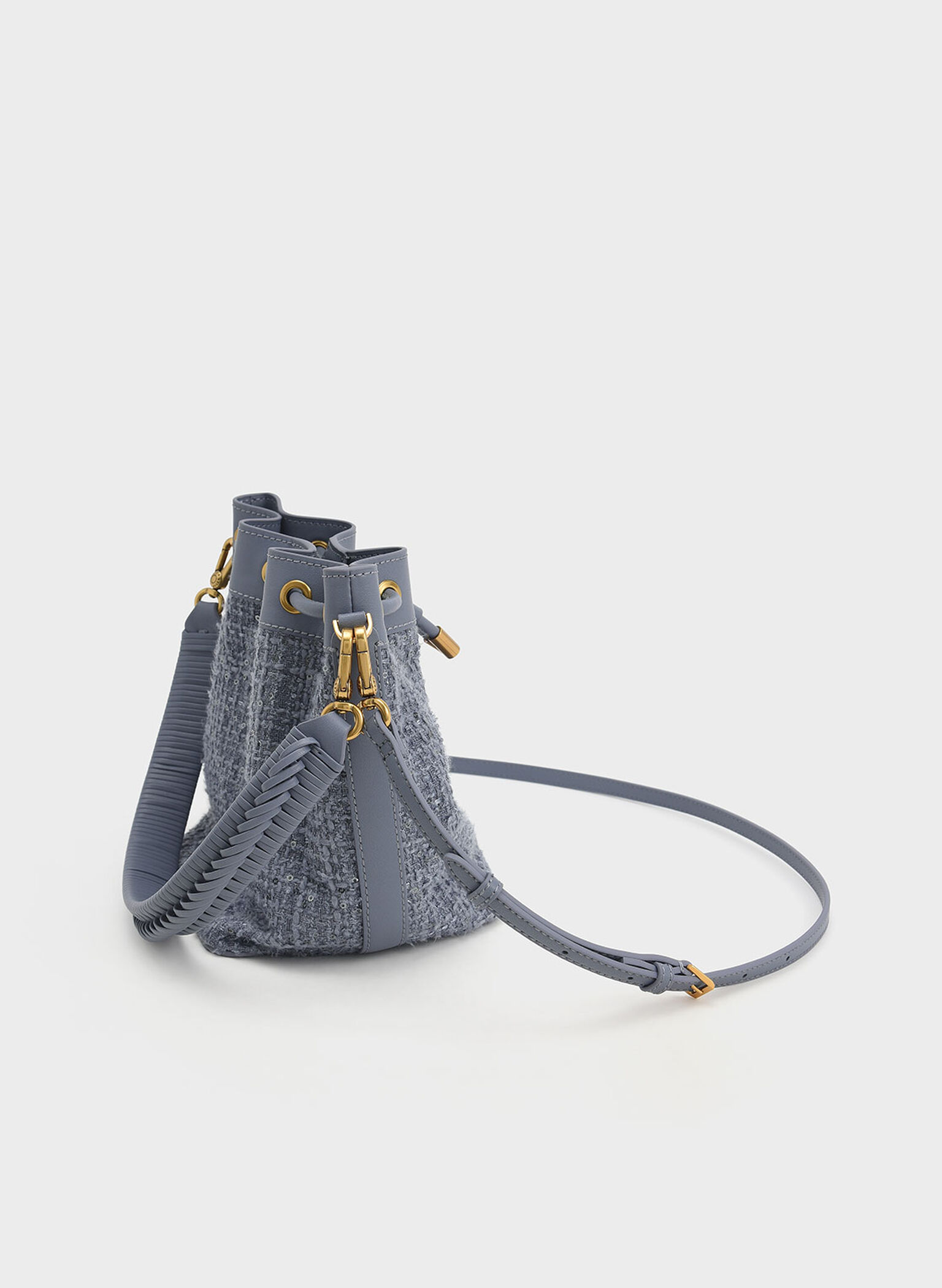 Woven Handle Tweed Bucket Bag, Denim Blue, hi-res