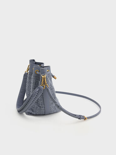 Woven Handle Tweed Bucket Bag, Denim Blue, hi-res