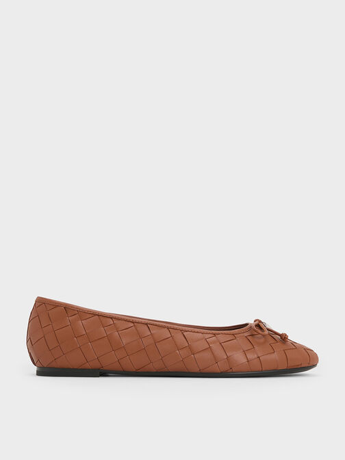 Woven Bow Ballet Flats, Brown, hi-res