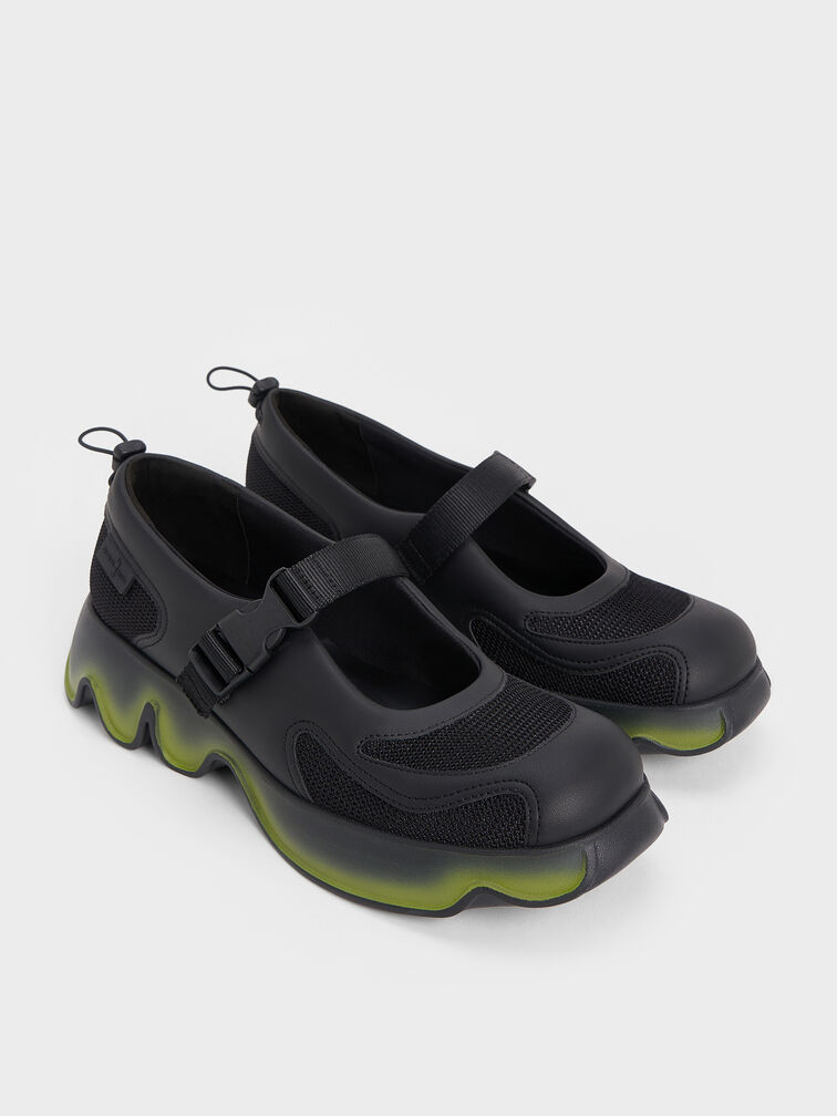 Mesh Gradient Wave Mary Jane Sneakers, Black, hi-res