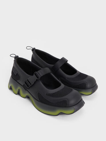 Mesh Gradient Wave Mary Jane Sneakers, Black, hi-res