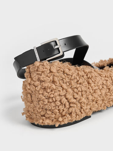 Margot Furry Crossover-Strap Ballet Flats, Camel, hi-res