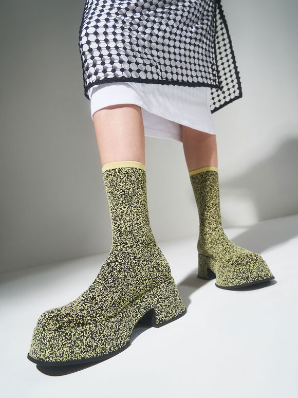 Knitted Platform Sock Boots, Yellow, hi-res