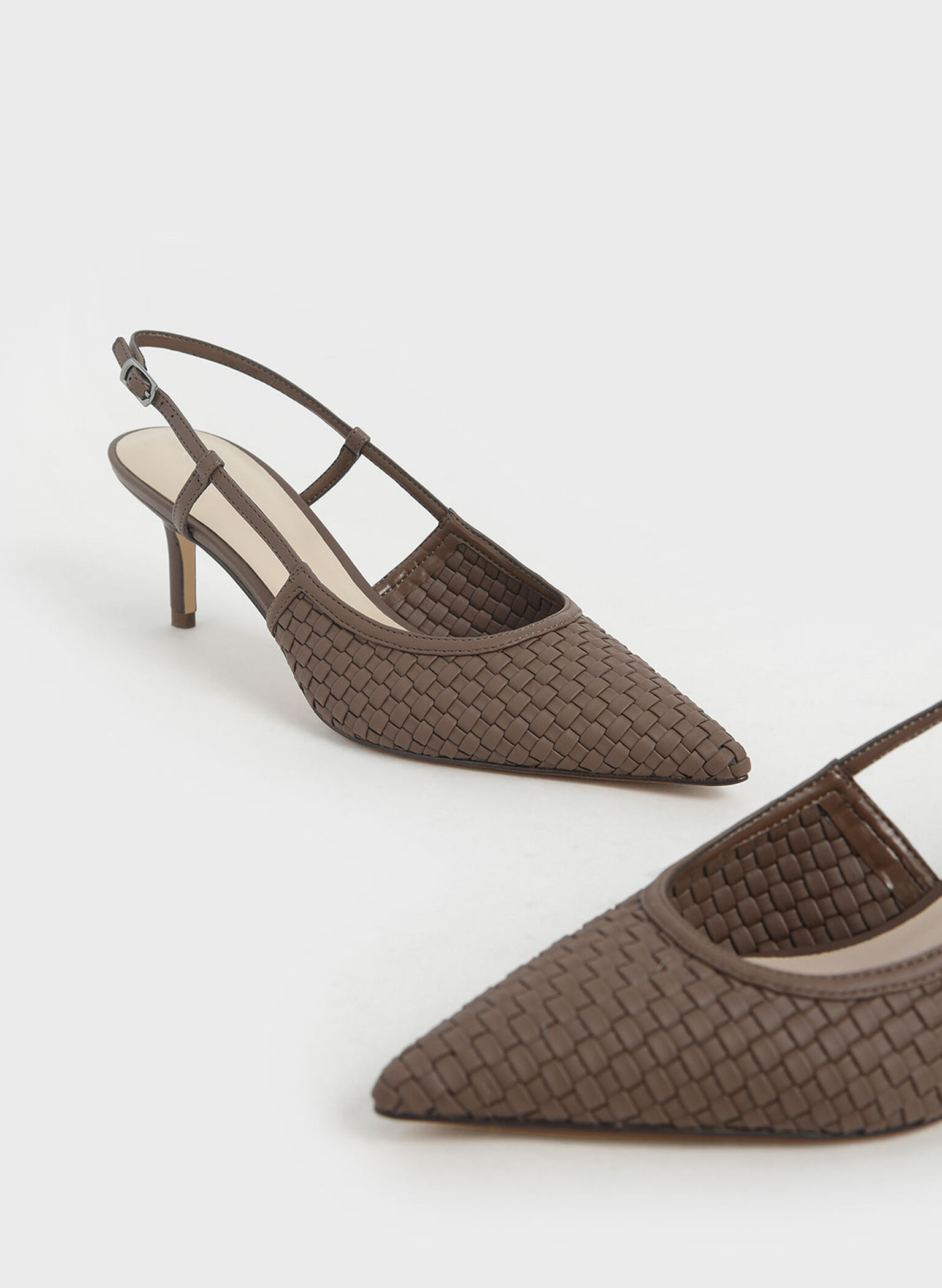 Woven Slingback Pumps, Brown, hi-res