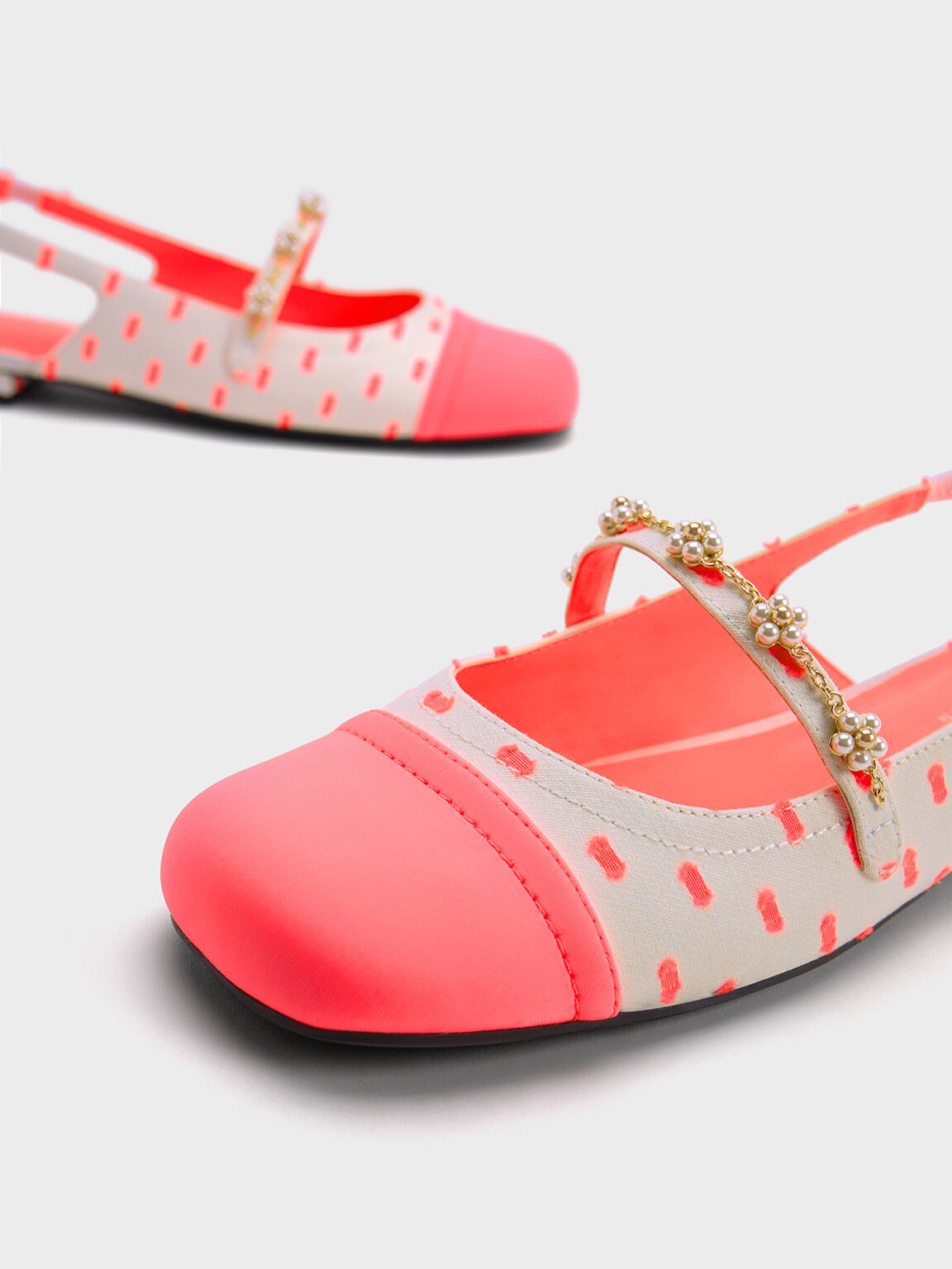 Coral Pink Beaded Flower Printed Slingback Flats CHARLES KEITH UK