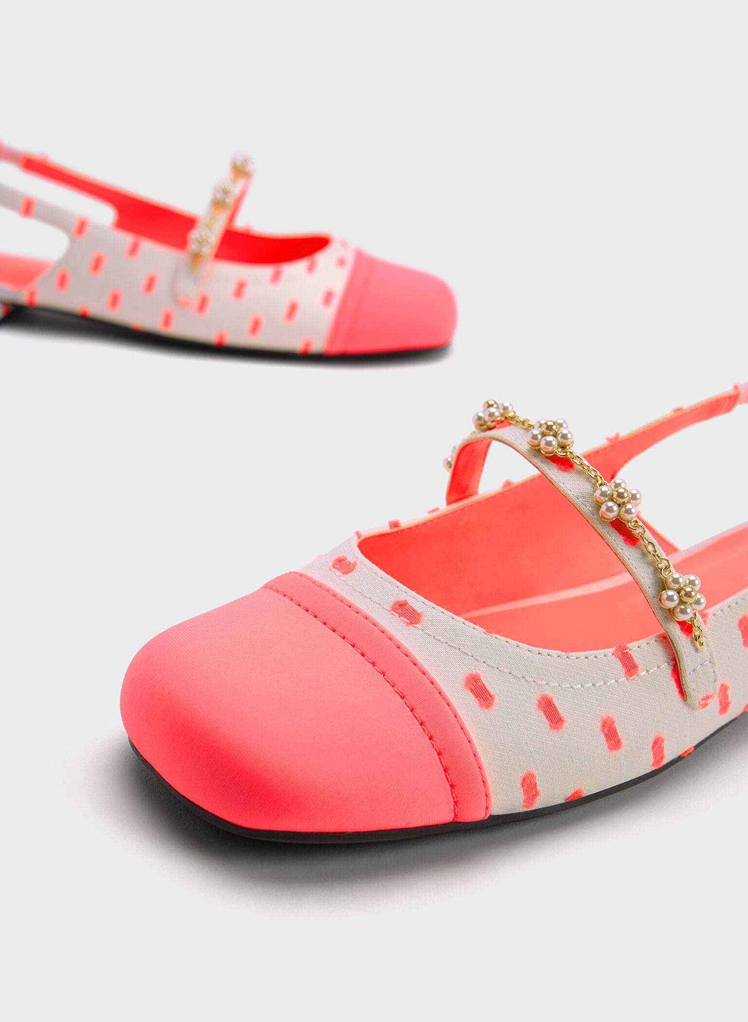 Beaded Flower Printed Slingback Flats, Coral Pink, hi-res