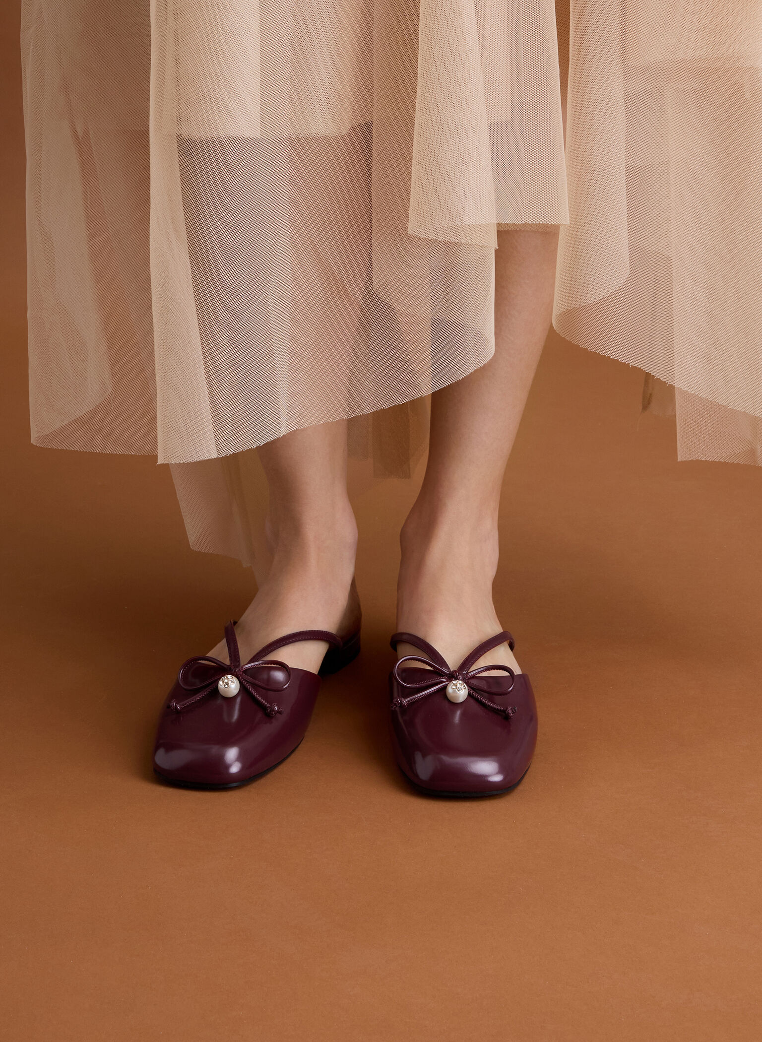 Pearl-Accent Bow Flat Mules, Burgundy, hi-res