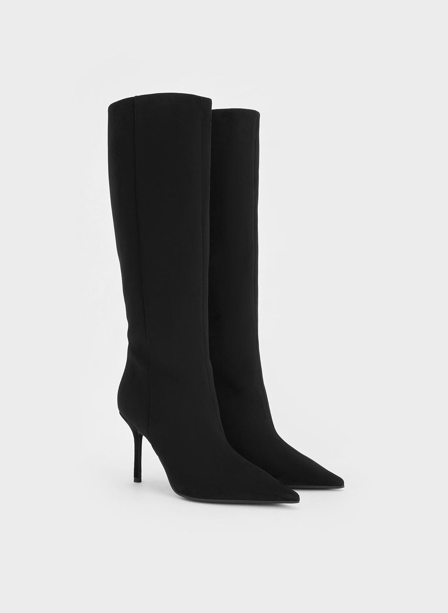 Faux Suede Pointed-Toe Stiletto-Heel Knee-High Boots, Black Textured, hi-res