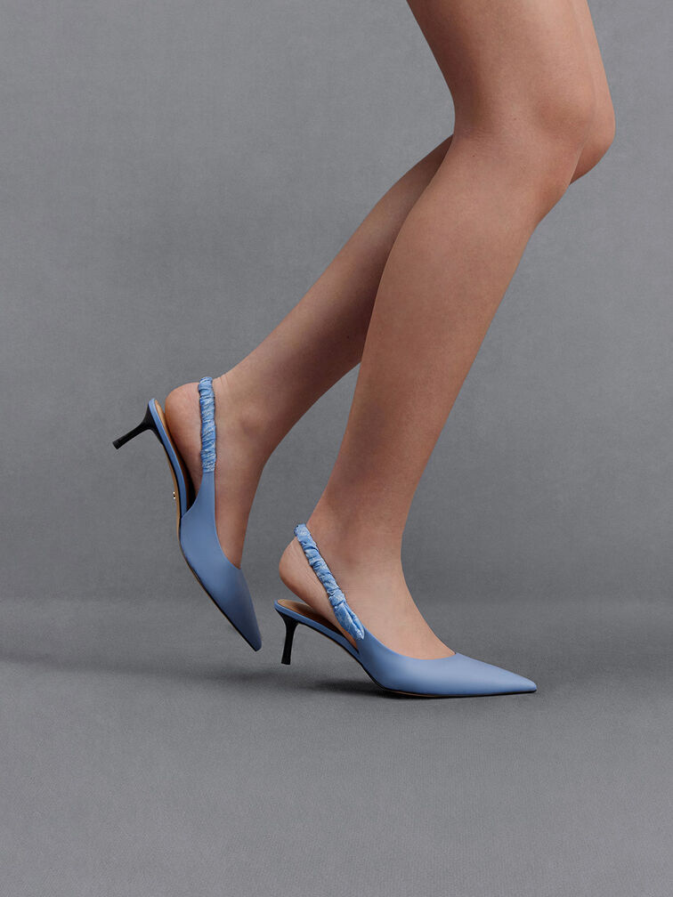 Tully Leather Ruched-Strap Slingback Pumps, Light Blue, hi-res