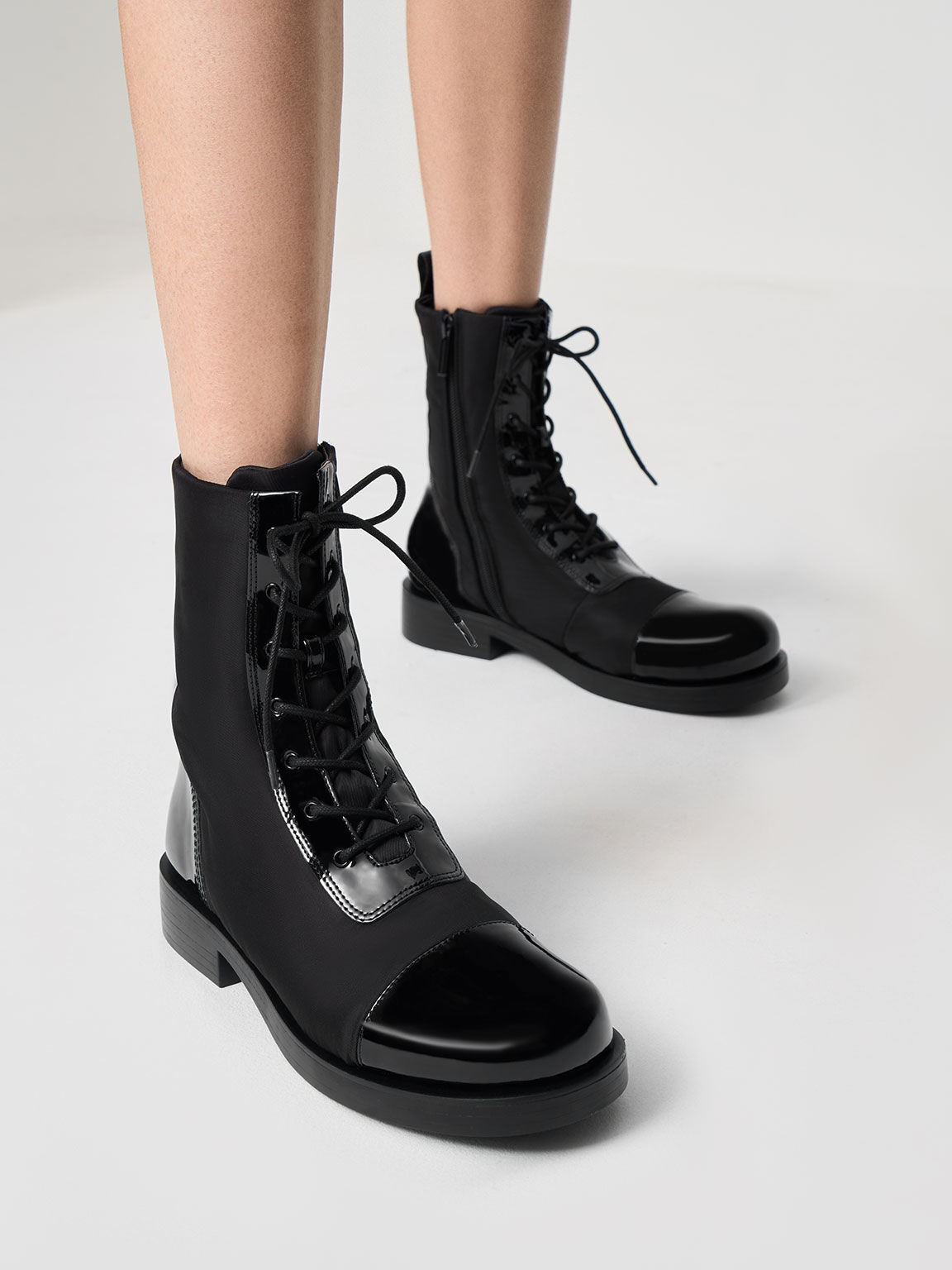Black Nylon & Patent Combat Boots - CHARLES & KEITH UK