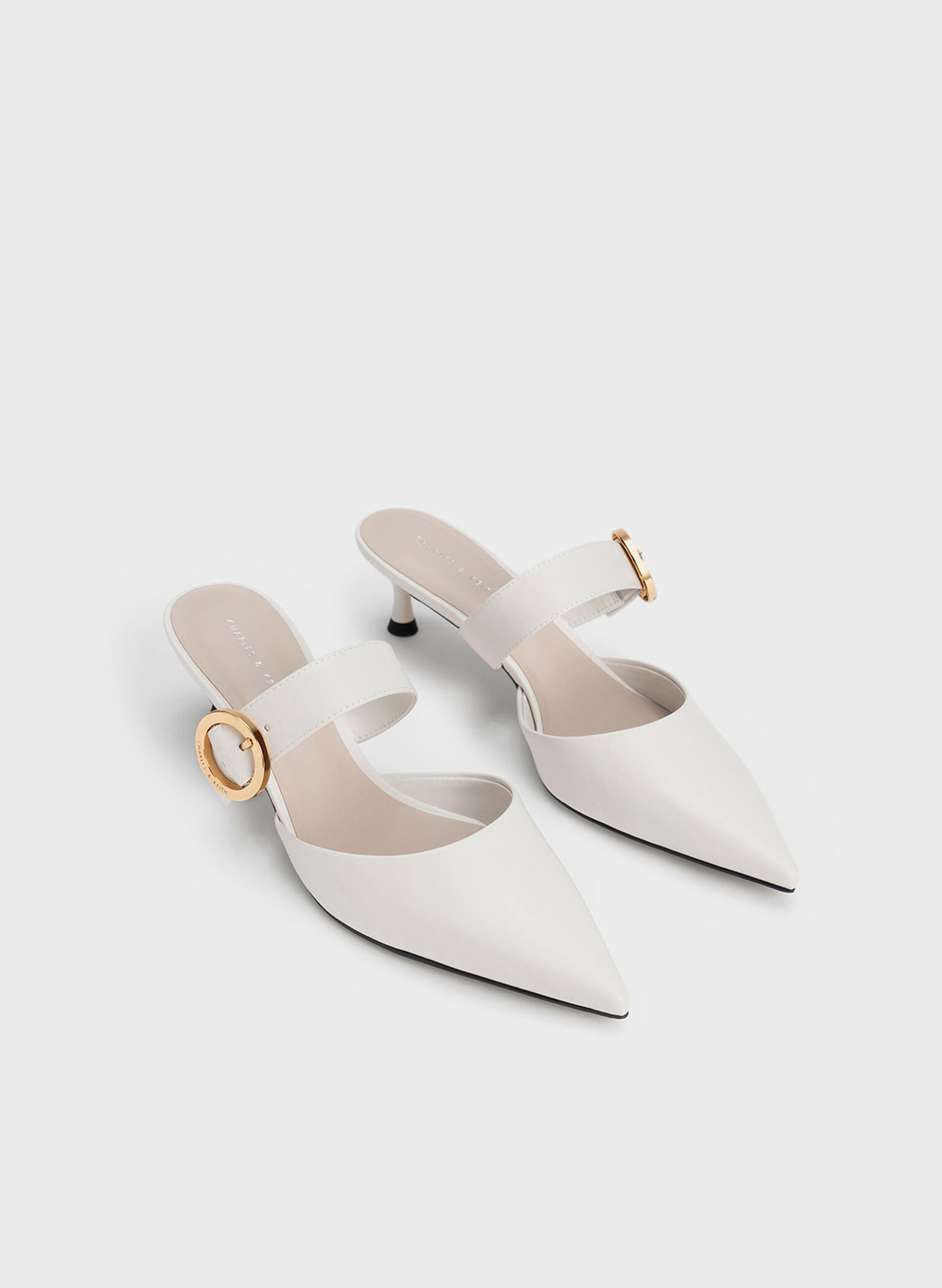 Buckled Strap Spool Heel Mules, White, hi-res