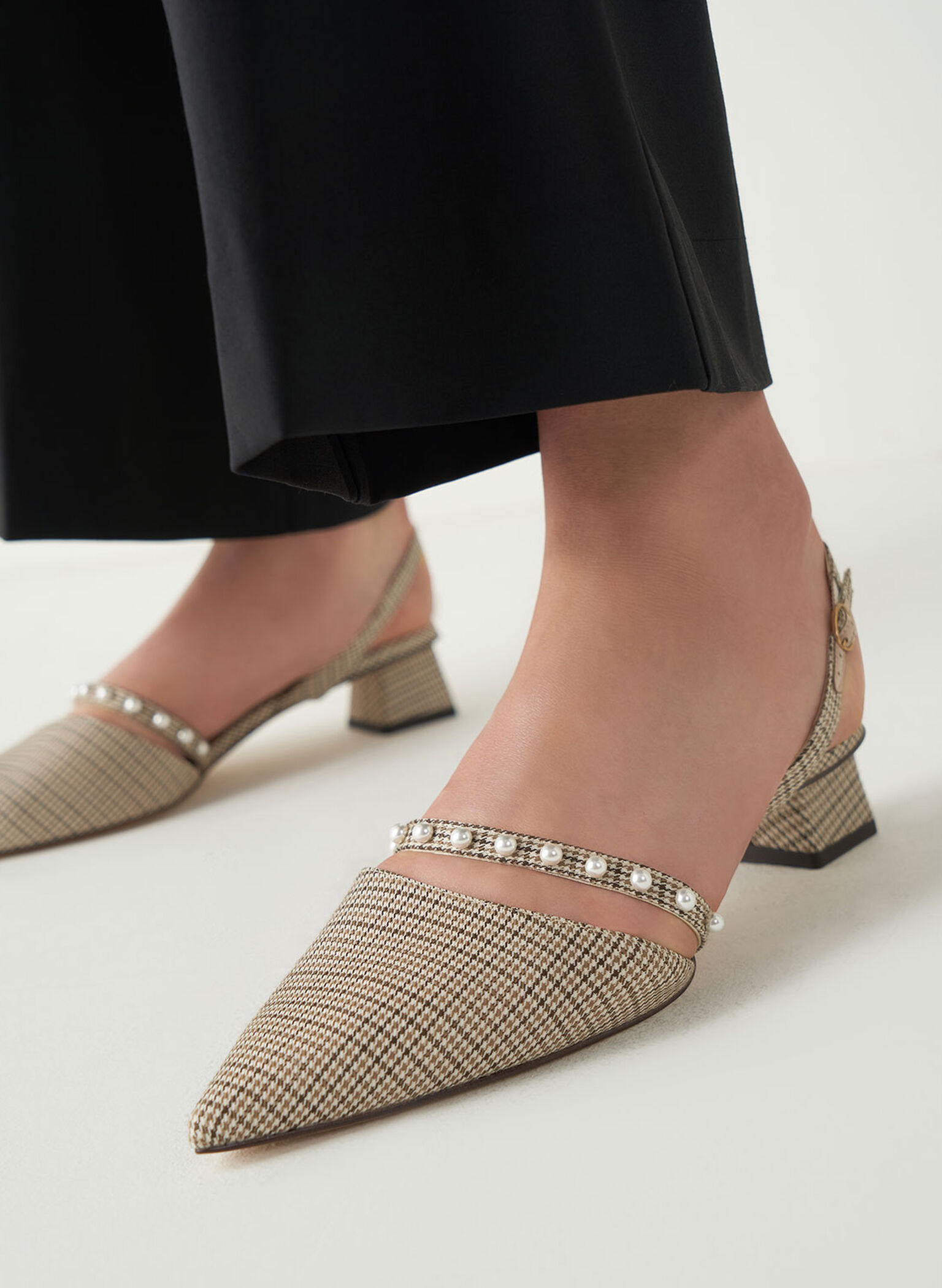 Houndstooth-Print Beaded Slingback Pumps, Multi, hi-res