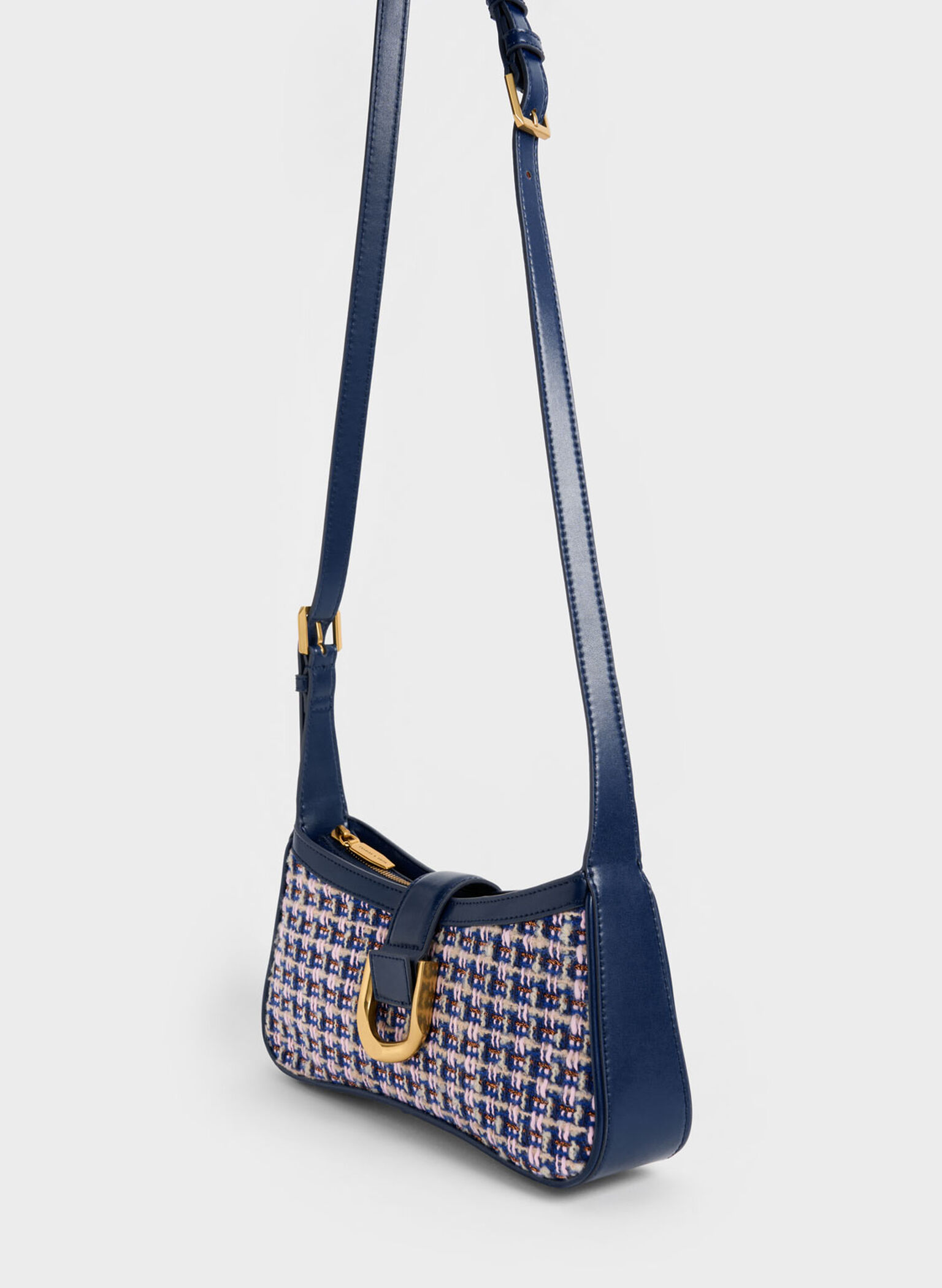 Gabine Tweed Curved Shoulder Bag, Navy, hi-res