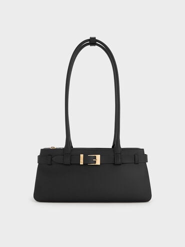 Jody Leather Belted Shoulder Bag, Black, hi-res