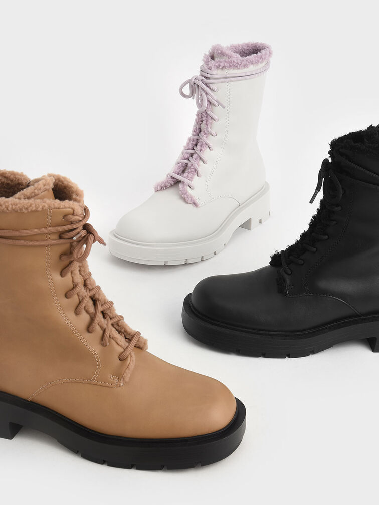 Fur-Trim Lace-Up Ankle Boots, Black, hi-res