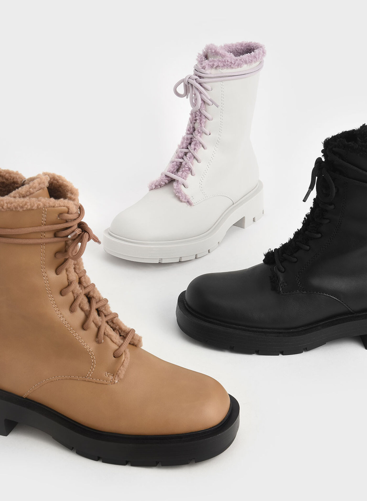 Fur-Trim Lace-Up Ankle Boots, Black, hi-res
