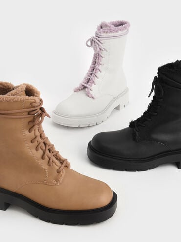 Fur-Trim Lace-Up Ankle Boots, Black, hi-res