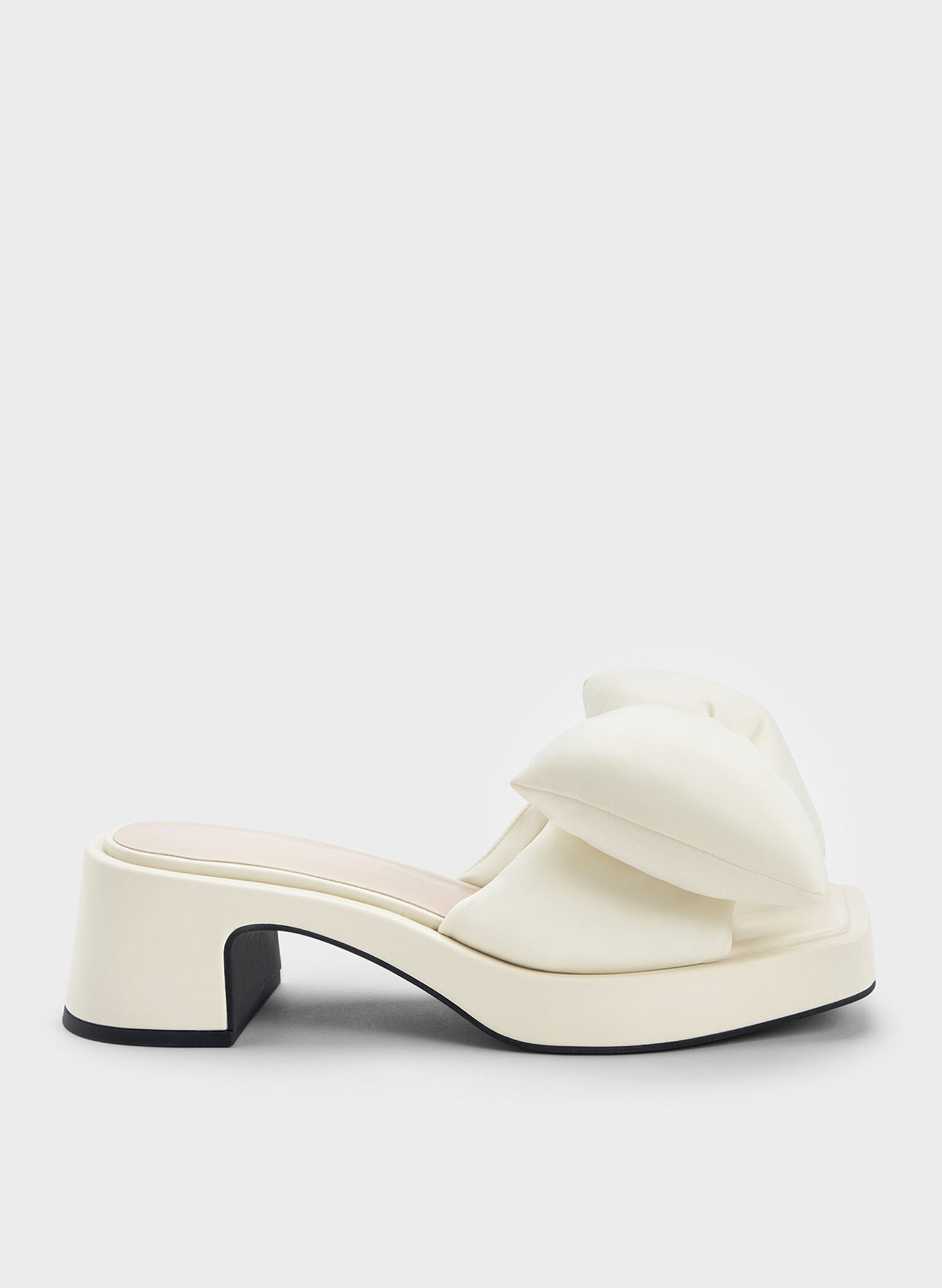 Puffy Bow Heeled Mules, Cream, hi-res
