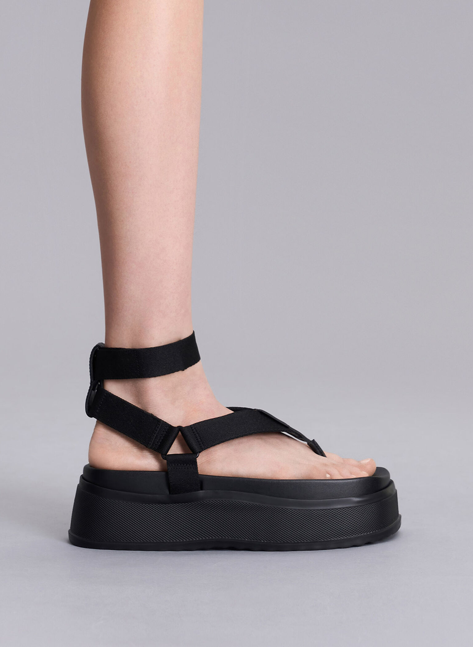 Joss Ankle-Strap Flatform Thong Sandals, Black, hi-res