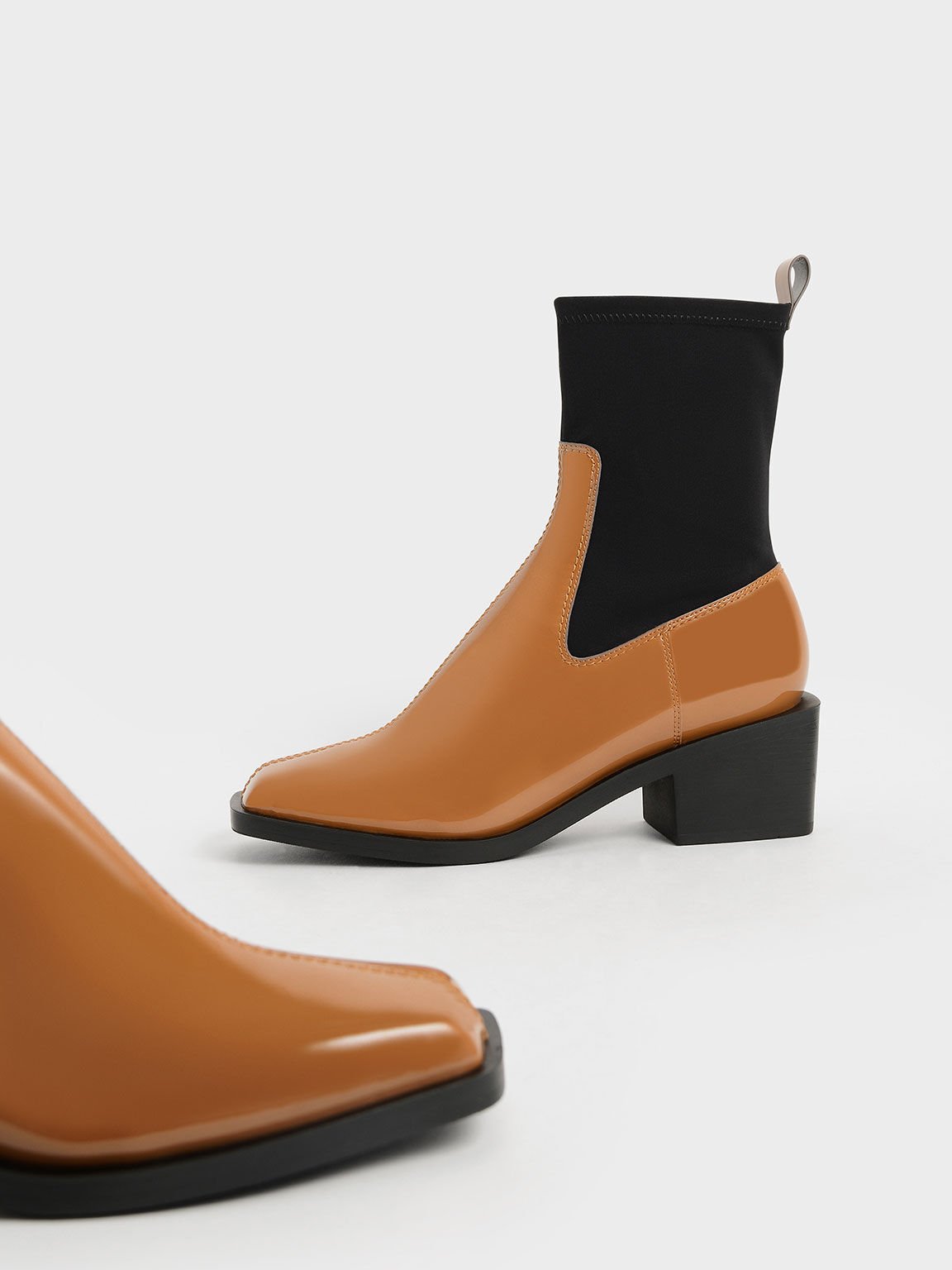 Patent Two-Tone Sock Boots, Caramel, hi-res