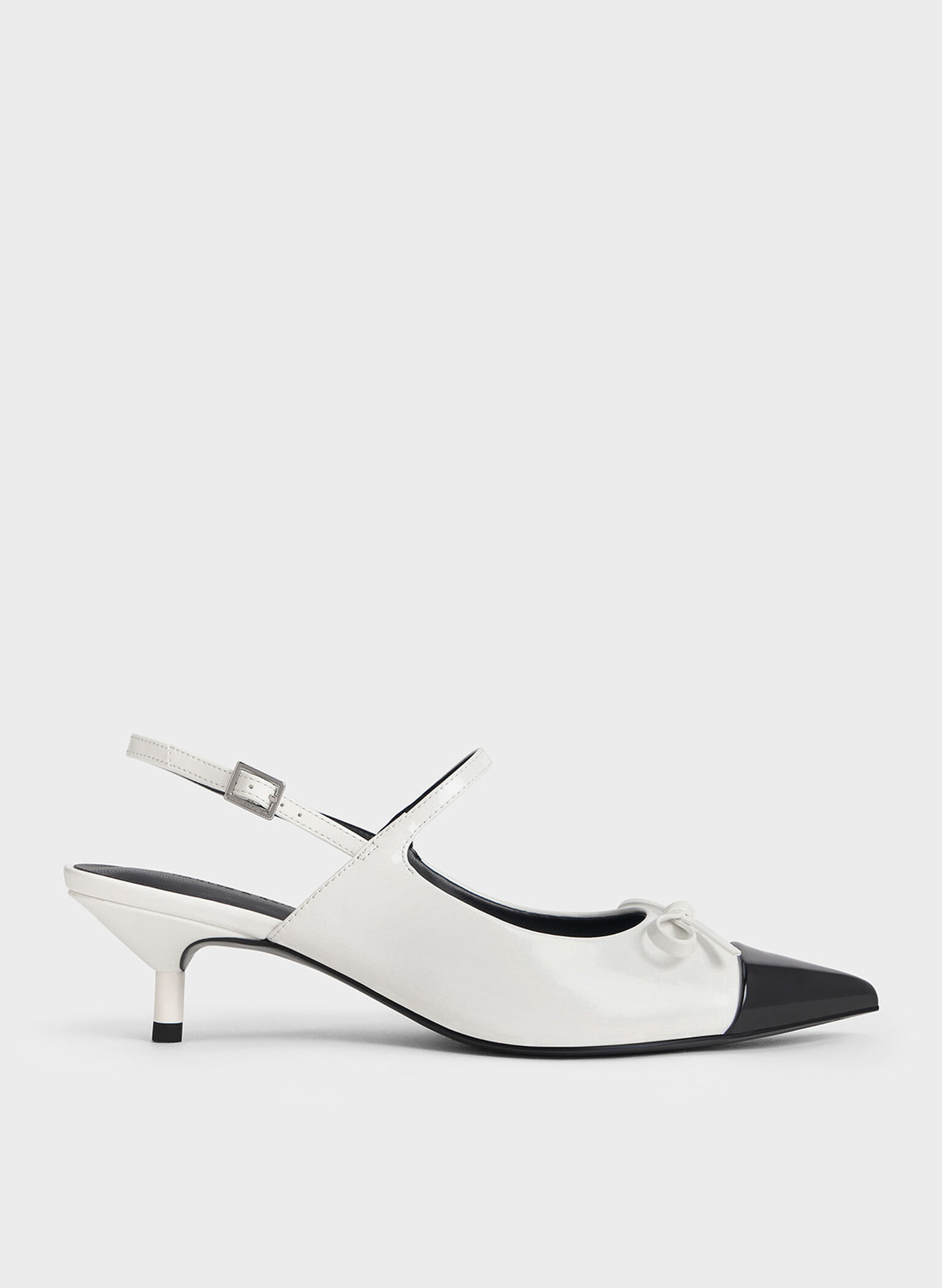 Bow Cap-Toe Kitten-Heel Slingback Pumps, White, hi-res