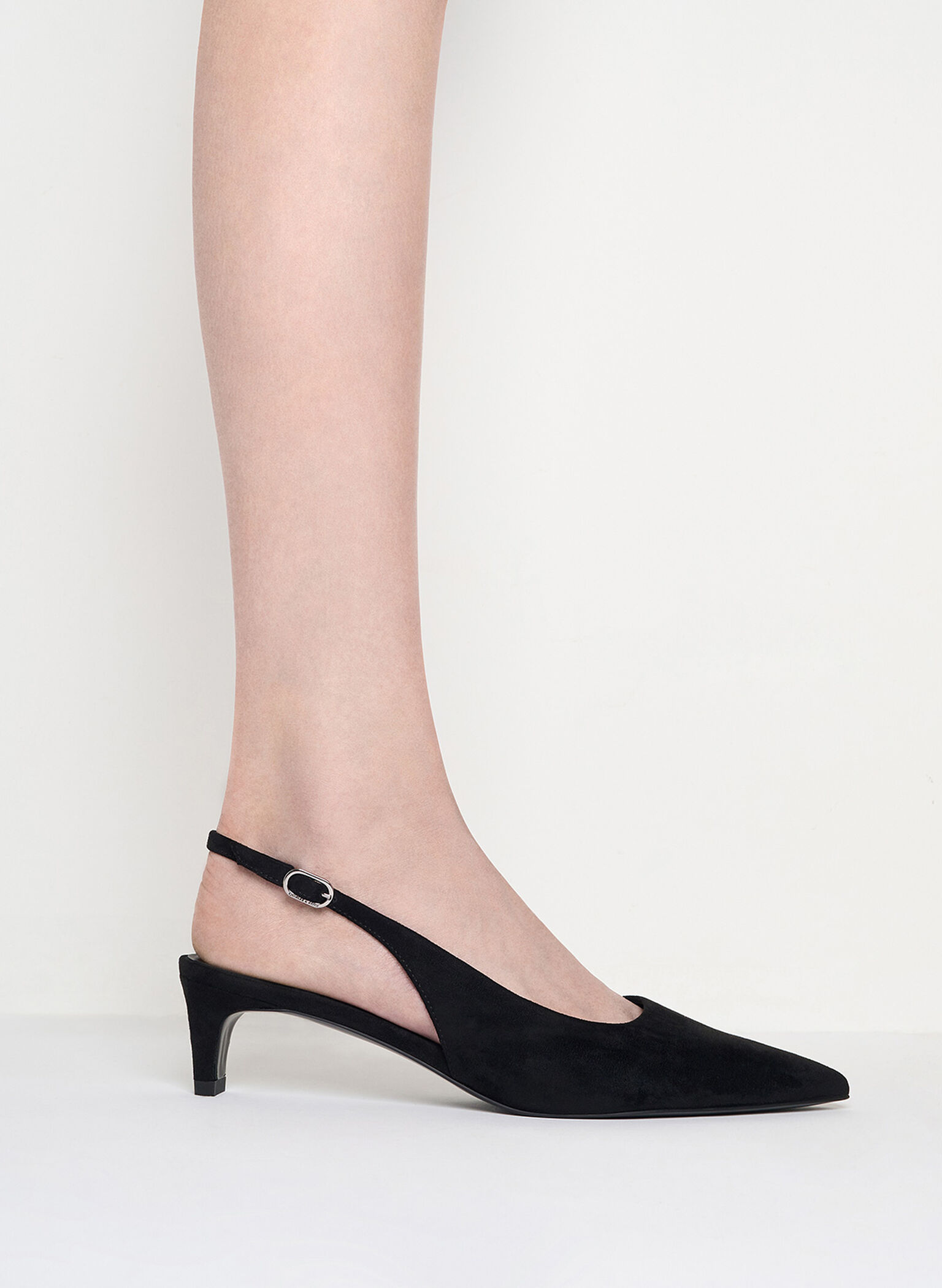 Faux Suede Pointed-Toe Kitten-Heel Slingback Pumps, Black Textured, hi-res