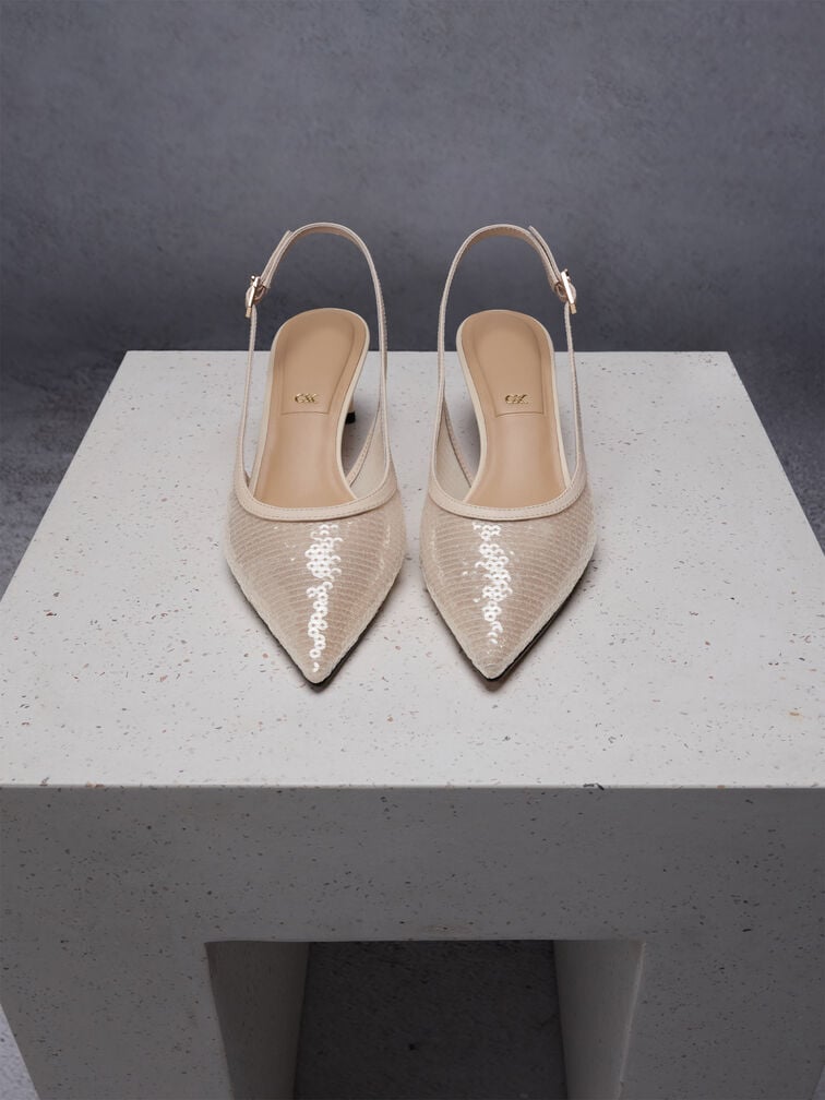 Sequin Mesh & Leather Slingback Kitten Heels, Nude, hi-res
