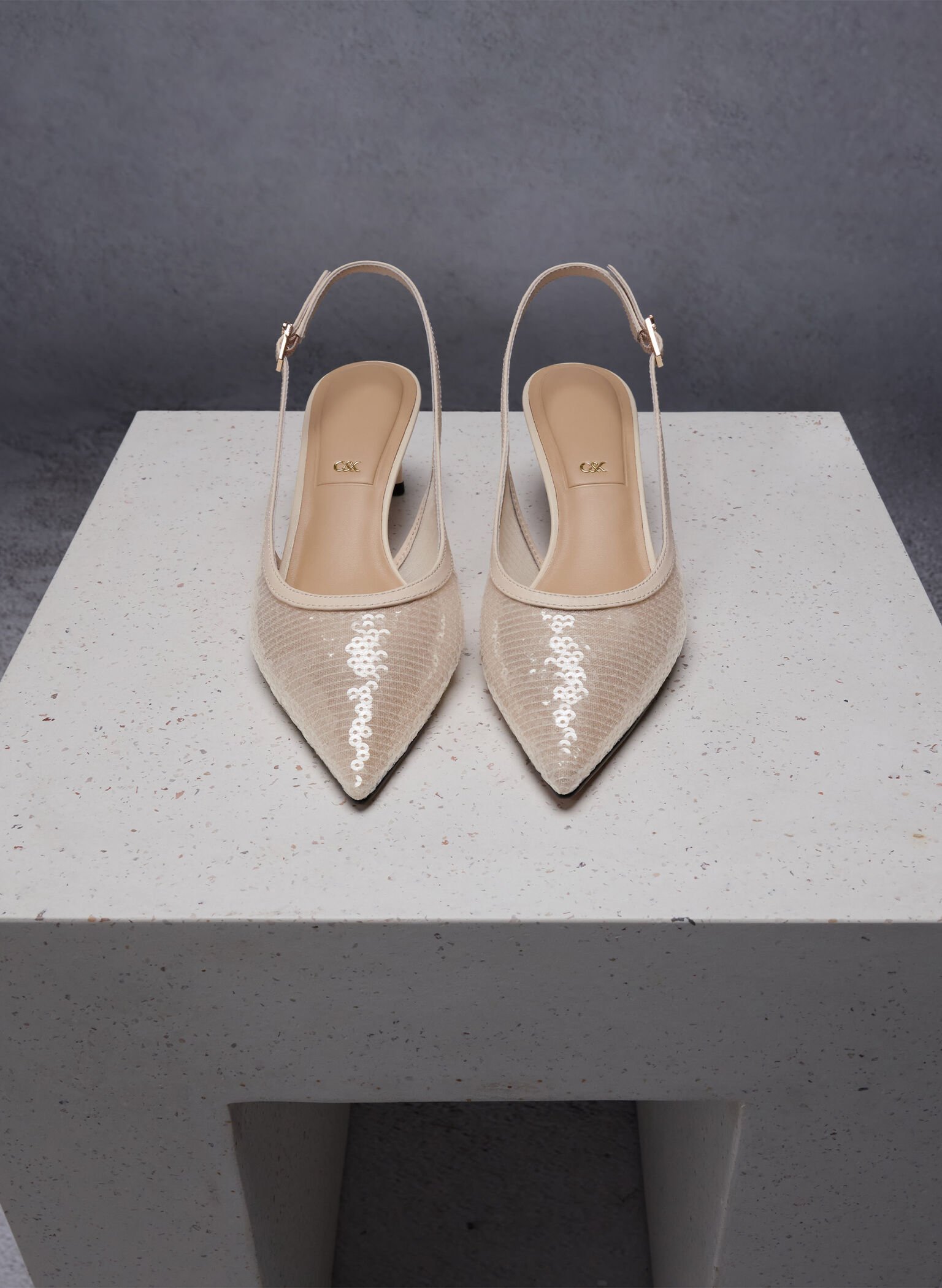 Sequin Mesh & Leather Slingback Kitten Heels, Nude, hi-res