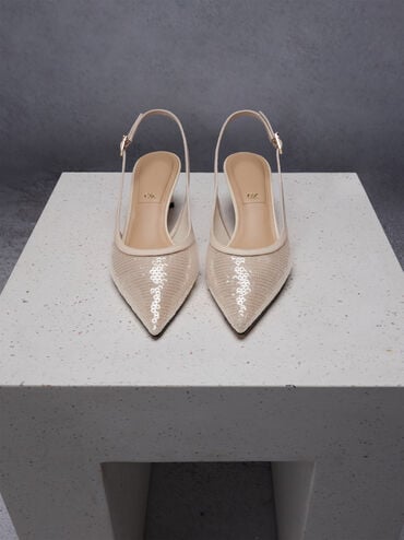 Sequin Mesh & Leather Slingback Kitten Heels, Nude, hi-res