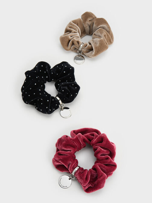 Velvet Dotted Scrunchie, Black Textured, hi-res