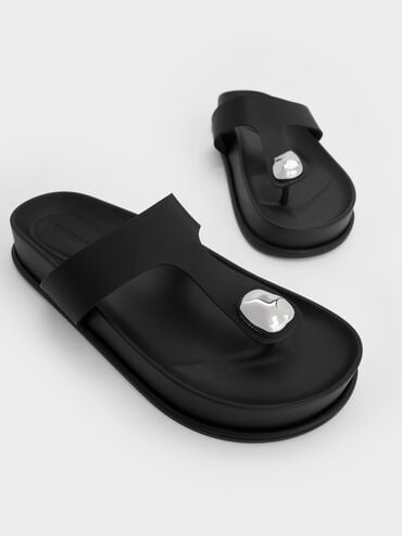 Sculpted-Accent Flatform Thong Sandals, Black, hi-res