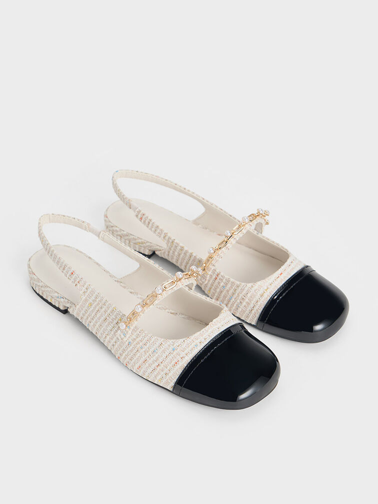 Tweed Beaded Chain-Link Slingback Flats, Cream, hi-res