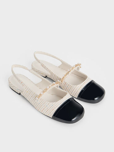 Rio Tweed Beaded Chain-Link Slingback Flats, Cream, hi-res