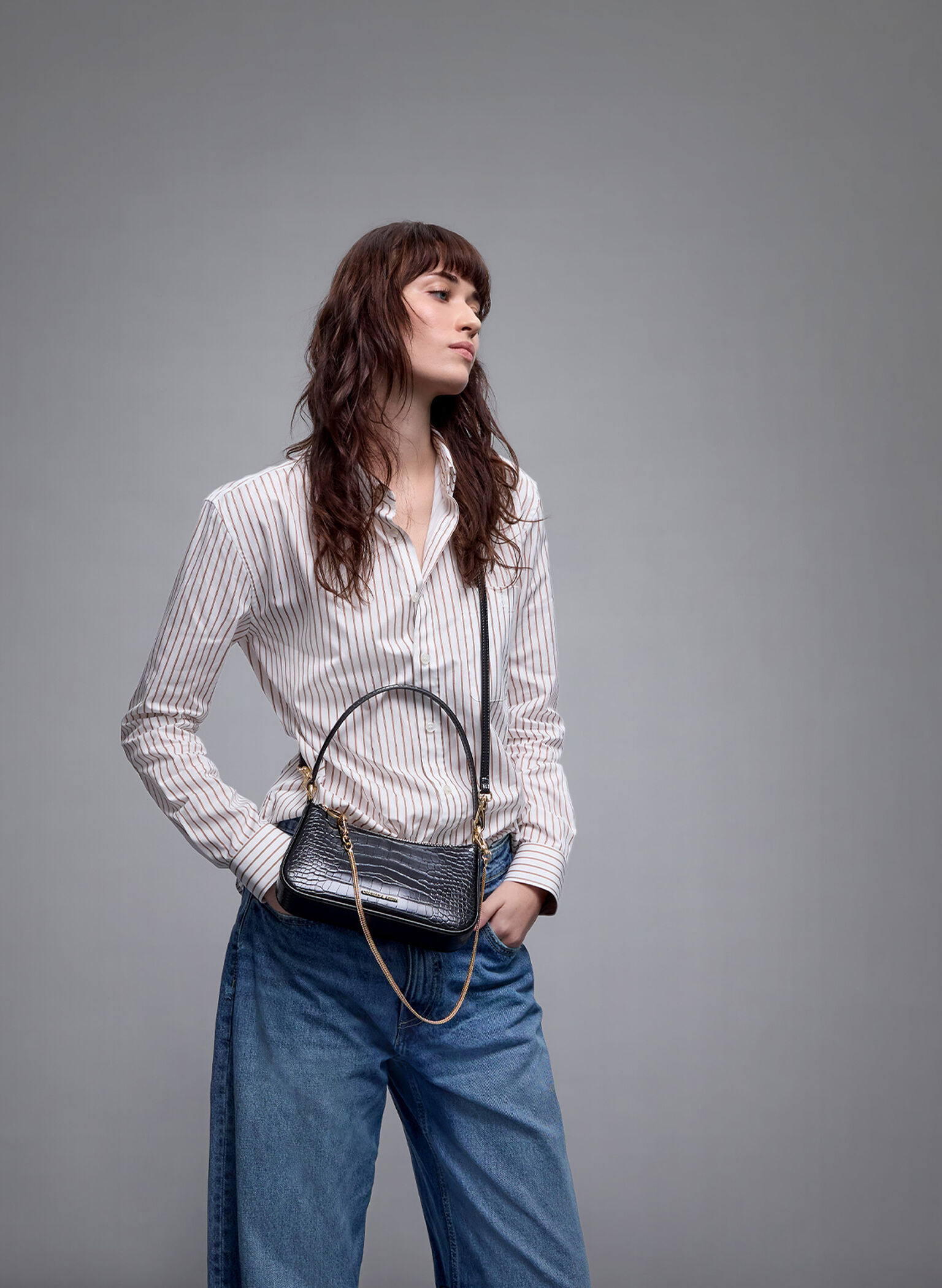Elspeth Croc-Effect Chain-Link Shoulder Bag, Black Croco, hi-res