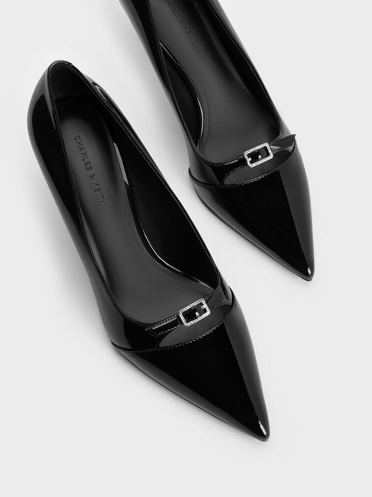 Patent Buckle-Strap Pointed-Toe Pumps, Black Patent, hi-res