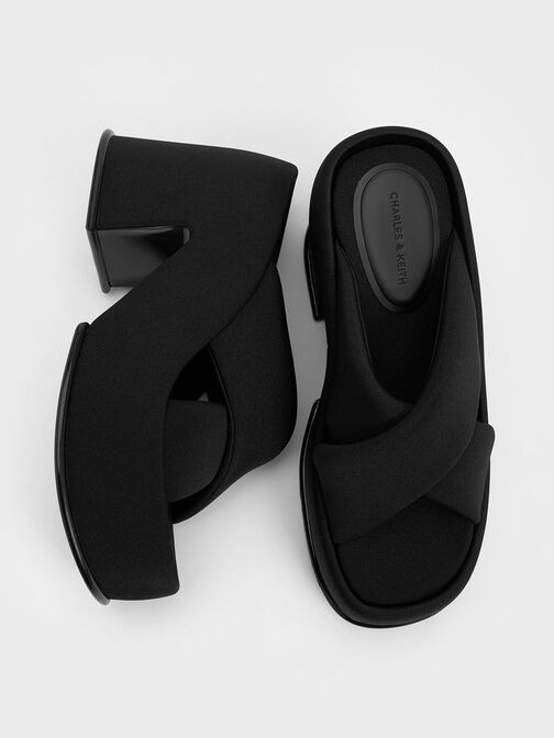 Toni Puffy-Strap Crossover Platform Mules, Black Textured, hi-res