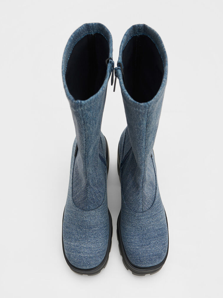 Denim Side-Zip Platform Calf Boots, Denim Blue, hi-res